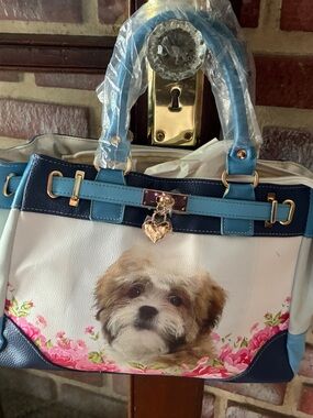 The Bradford Exchange Blue & Navy Puppy Print Satchel with Gold Accent